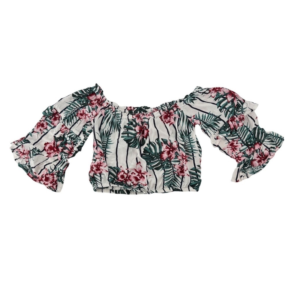 Guess Top Womens S Q91H07R02F3 White Tropical Floral Off Shoulder Ruffle Sleeve